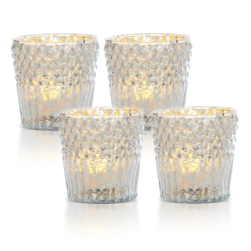 4-PACK | Vintage Mercury Glass Candle Holder (3-Inch, Ophelia Design, Silver) - For Use with Tea Lights - For Home Decor, Parties and Wedding Decorations