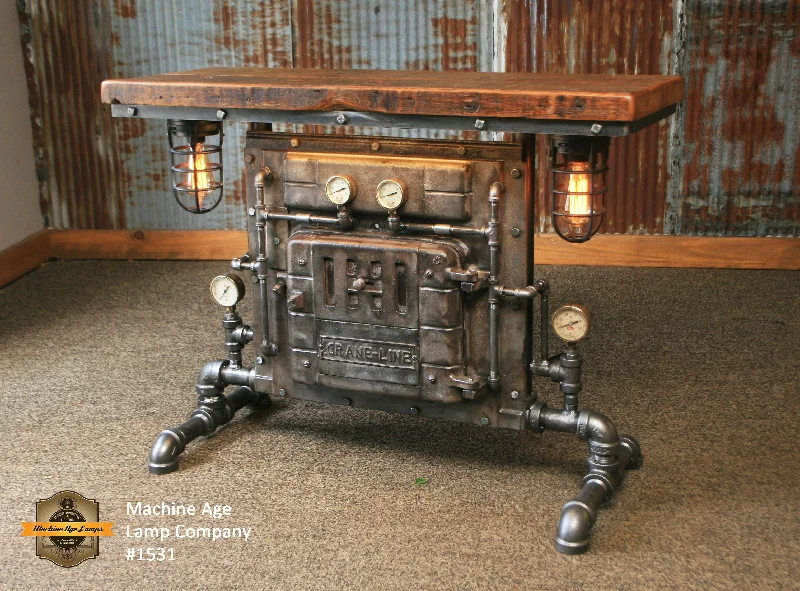 Steampunk Industrial / Antique Boiler Door / Lighting / Barn Wood / Console Hallway Sofa Table / #1531 sold