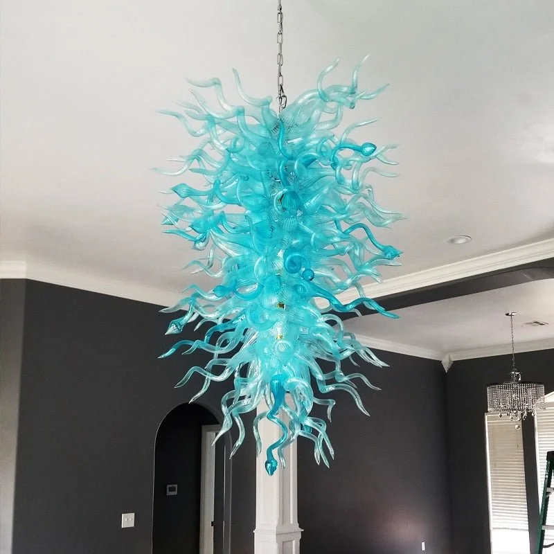 Nordic Style Aqua Blue Glass Chandelier Light Large Long Chain Blown Glass Chandelier Light Fixture