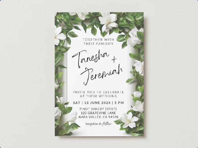 Set of Printable Wedding Invitation Templates, with White Gardenia Floral Design, Digital Download, Custom DIY Edit and Print (Set Includes Invitation, RSVP and Details Card)