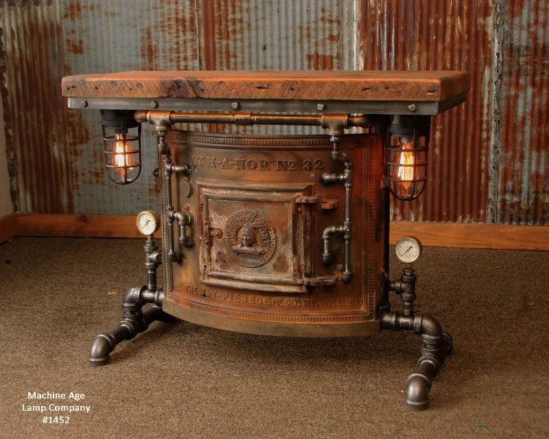 Steampunk Industrial Antique Boiler/Stove Door Table / Barn Wood / #1452 sold