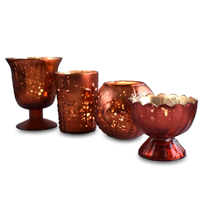 Vintage Glam Mercury Glass Tealight Votive Candle Holders (Rustic Copper Red, Set of 4, Assorted Designs, Sizes) - Weddings Events Parties Home Decor