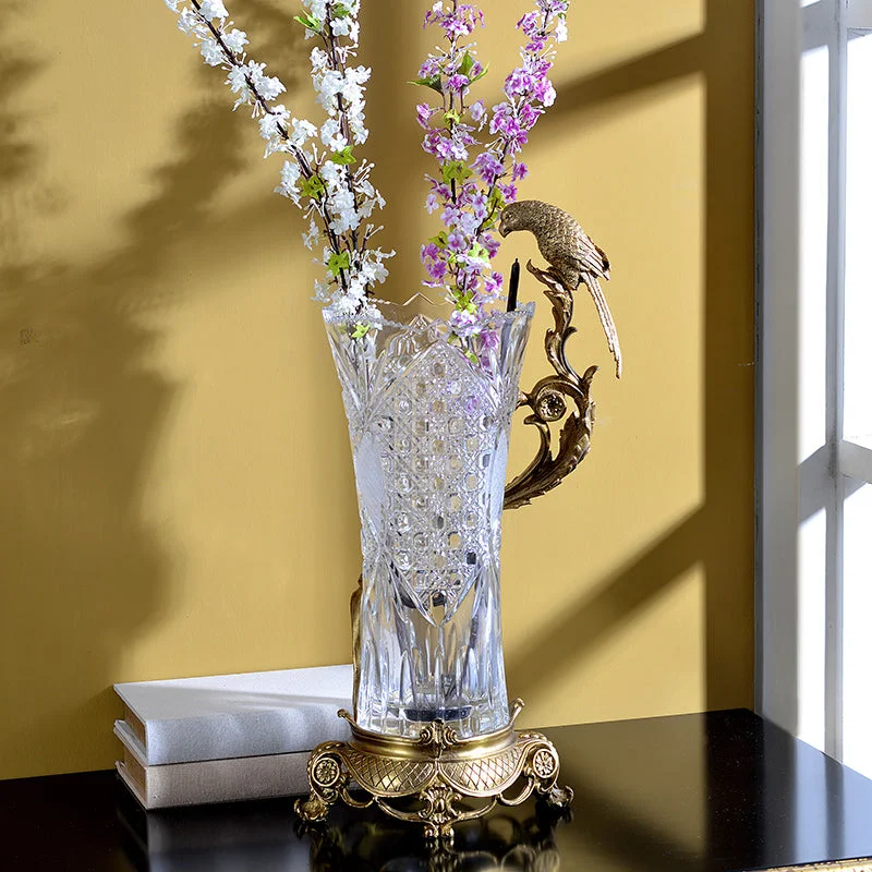 Gilt Bronze Crystal Flower Vase with Bird Standing