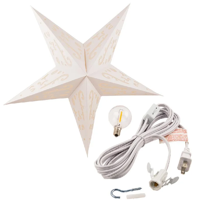 24" White Star Lantern w/ Tissue, Kraftskiva COMBO KIT with 15-FT Electrical Cord