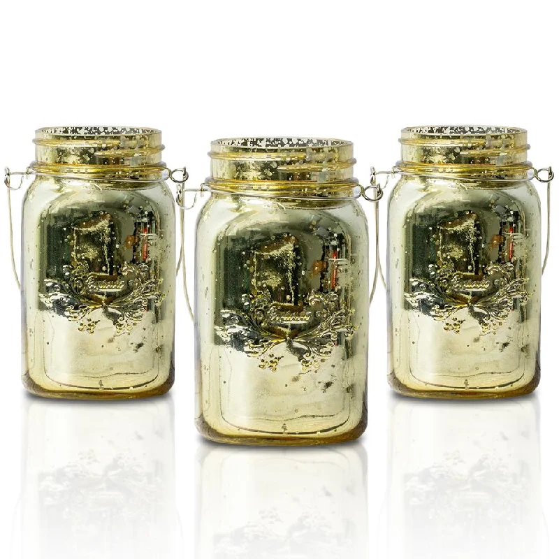 BLOWOUT (3-Pack) Fantado Regular Mouth Gold Mercury Glass Mason Jar with Handle, 16oz / 1 Pint