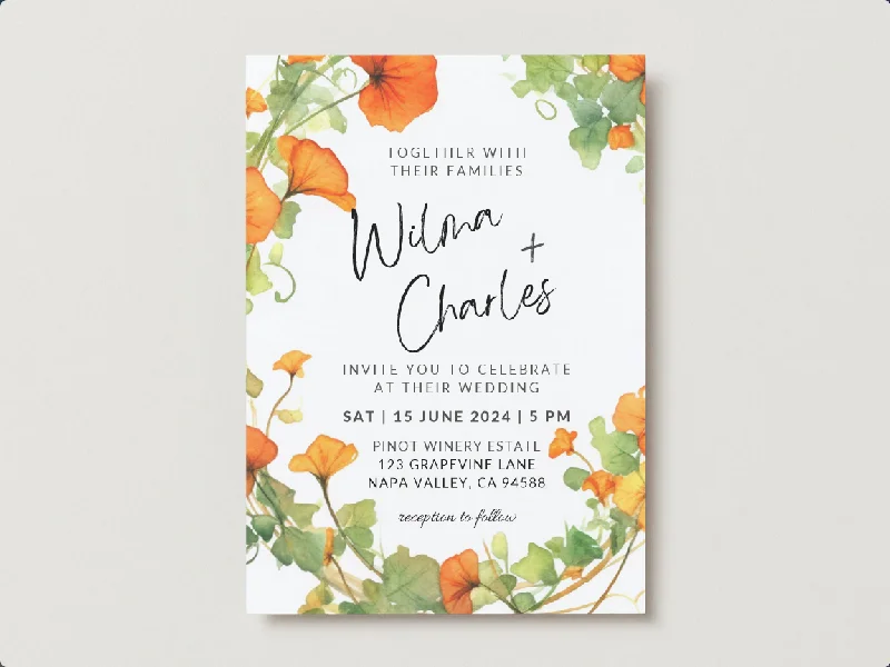 Set of Printable Wedding Invitation Templates, with Orange Nasturtium Floral Design, Digital Download, Custom DIY Edit and Print (Set Includes Invitation, RSVP and Details Card)