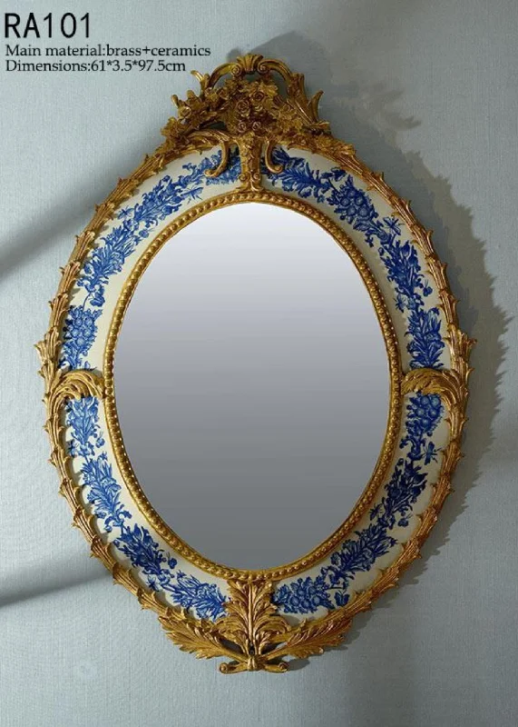 Oval Gilt Bronze Blue and White Hanging Mirror