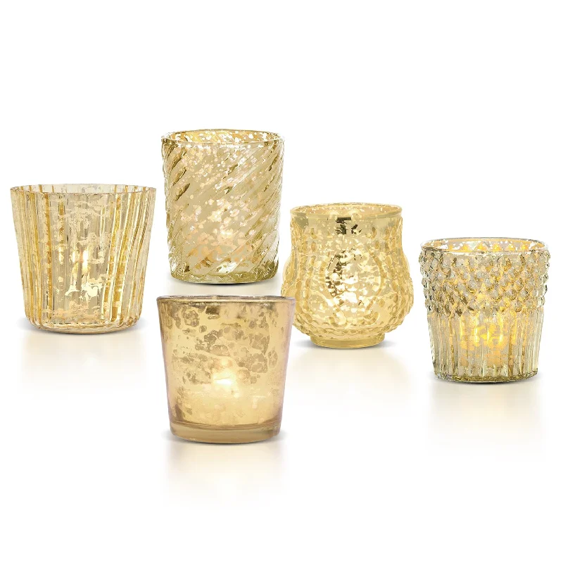 Vintage Love Gold Mercury Glass Tea Light Votive Candle Holders (5 PACK, Assorted Styles)