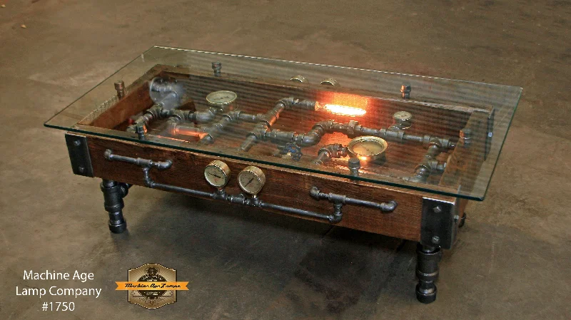 Steampunk Industrial Table / Coffee / Barn Wood / Gauges / Glass / Table #1750