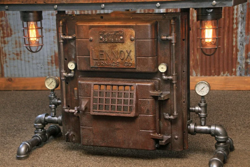 Steampunk Industrial Antique Boiler/Stove Door Table / Barn Wood / #1448 sold