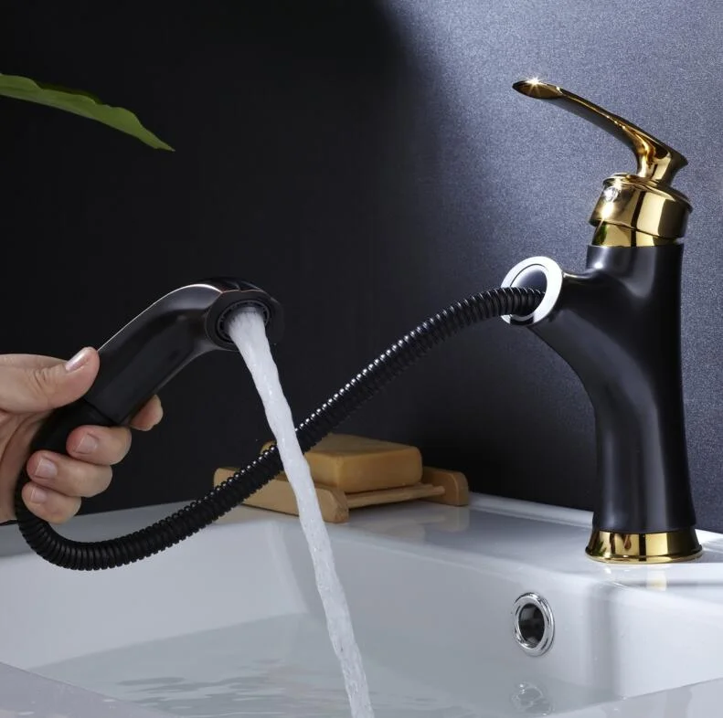 Basin Faucets Brass Black Modern Pull Out And Down Bathroom Faucet Kitchen Sink Faucet Toilet Mixer Tap Hot Cold Water