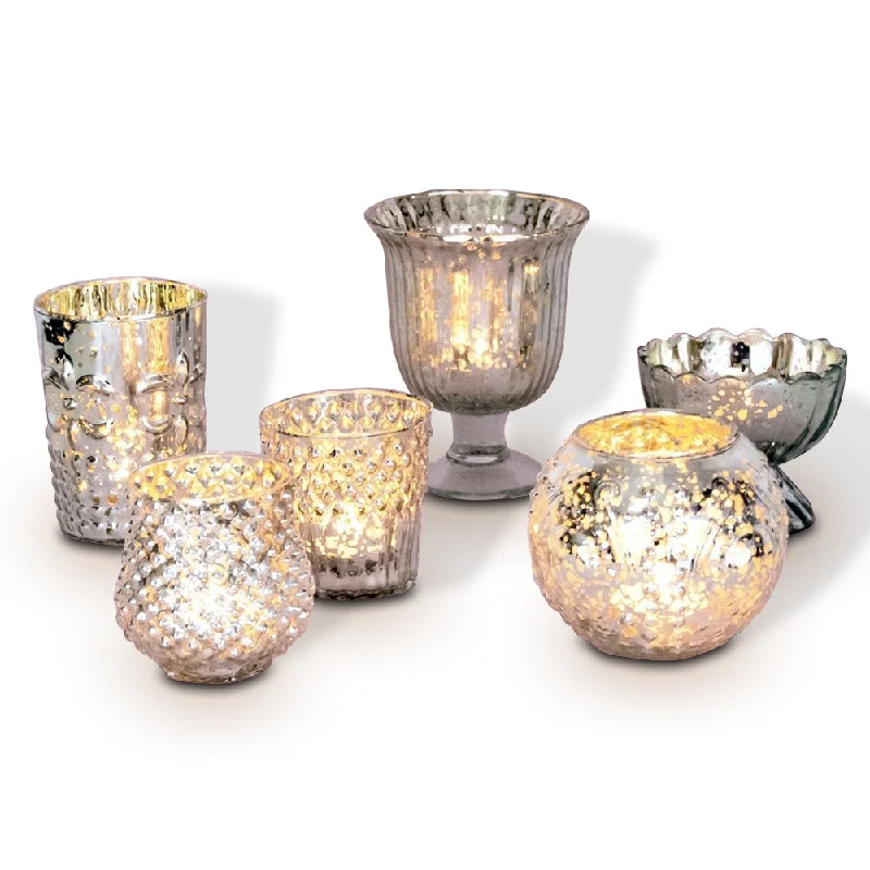 Vintage Glam Silver Mercury Glass Tea Light Votive Candle Holders (6 PACK, Assorted Designs and Sizes)