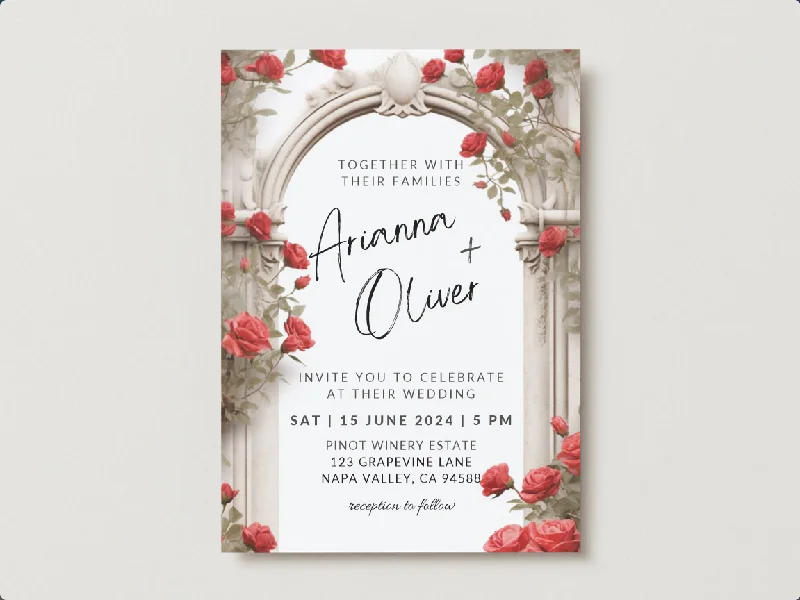 Set of Printable Wedding Invitation Templates, with Red Roses Floral Design, Digital Download, Custom DIY Edit and Print (Set Includes Invitation, RSVP and Details Card)