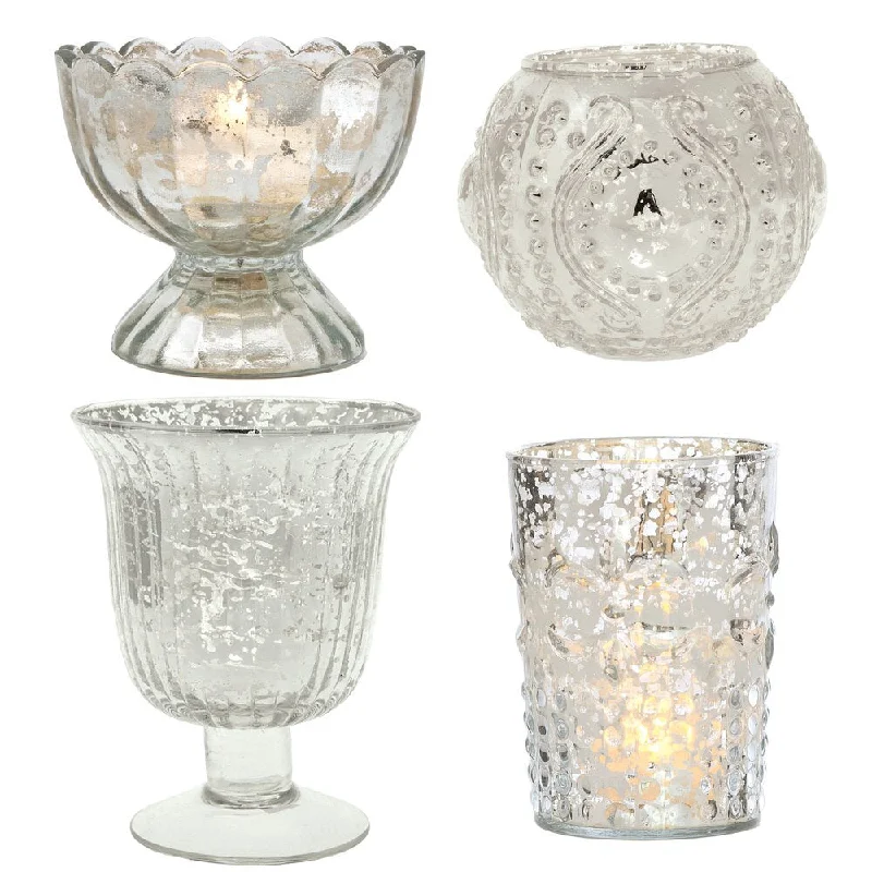 Vintage Glam Mercury Glass Tealight Votive Candle Holders (Silver, Set of 4, Assorted Designs and Sizes) - Weddings, Events, Parties, and Home Décor