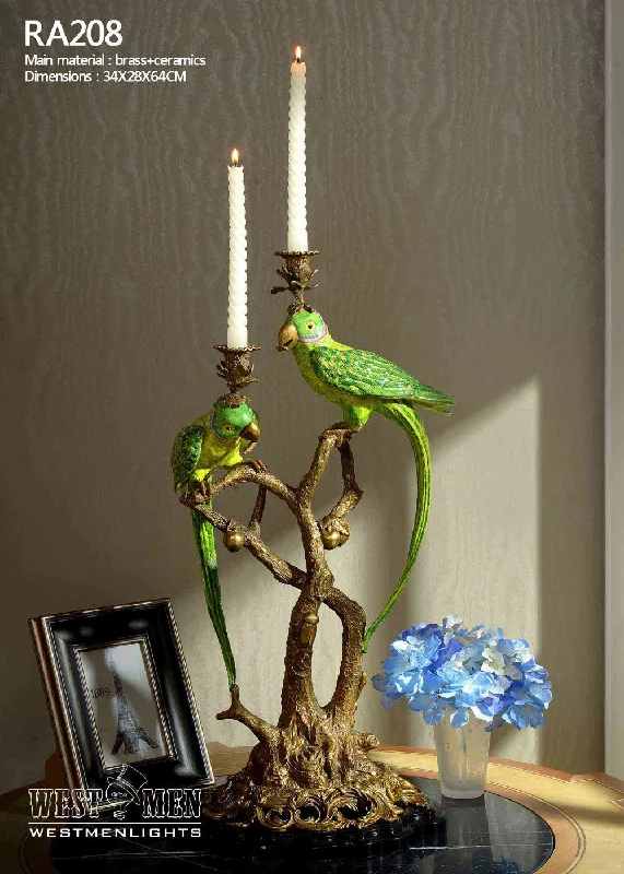 Gilt Bronze Porcelain Bird Standing Candelabras