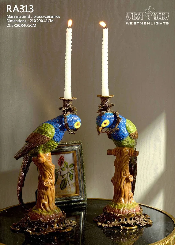 Pair(2 Pieces)Ormolu Mounted Porcelain Parrot Standing Candlesticks