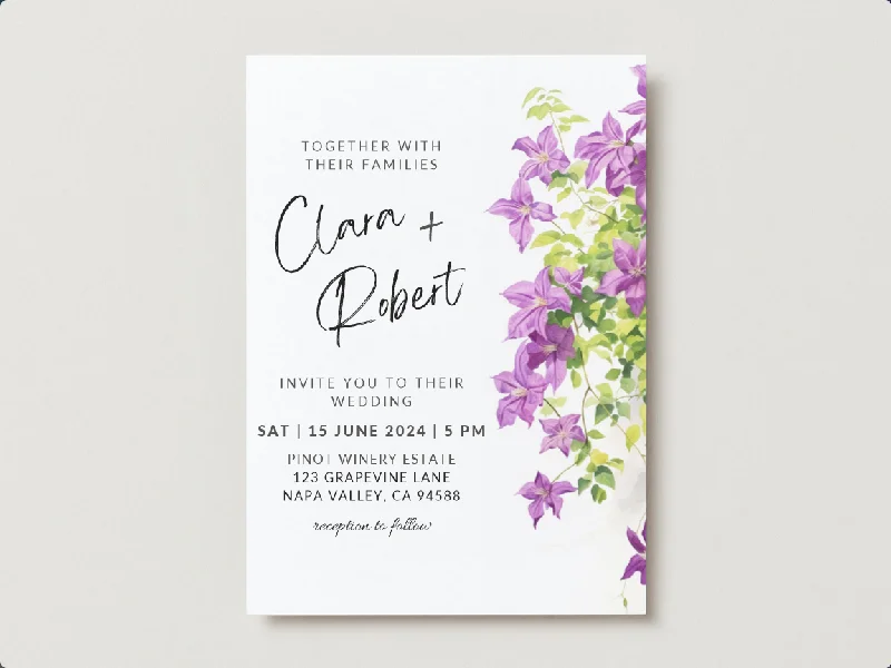 Set of Printable Wedding Invitation Templates, with Purple Clematis Floral Design, Digital Download, Custom DIY Edit and Print (Set Includes Invitation, RSVP and Details Card)