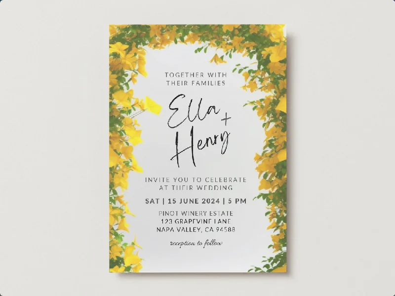 Set of Printable Wedding Invitation Templates, with Yellow Mandevilla Floral Design, Digital Download, Custom DIY Edit and Print (Set Includes Invitation, RSVP and Details Card)