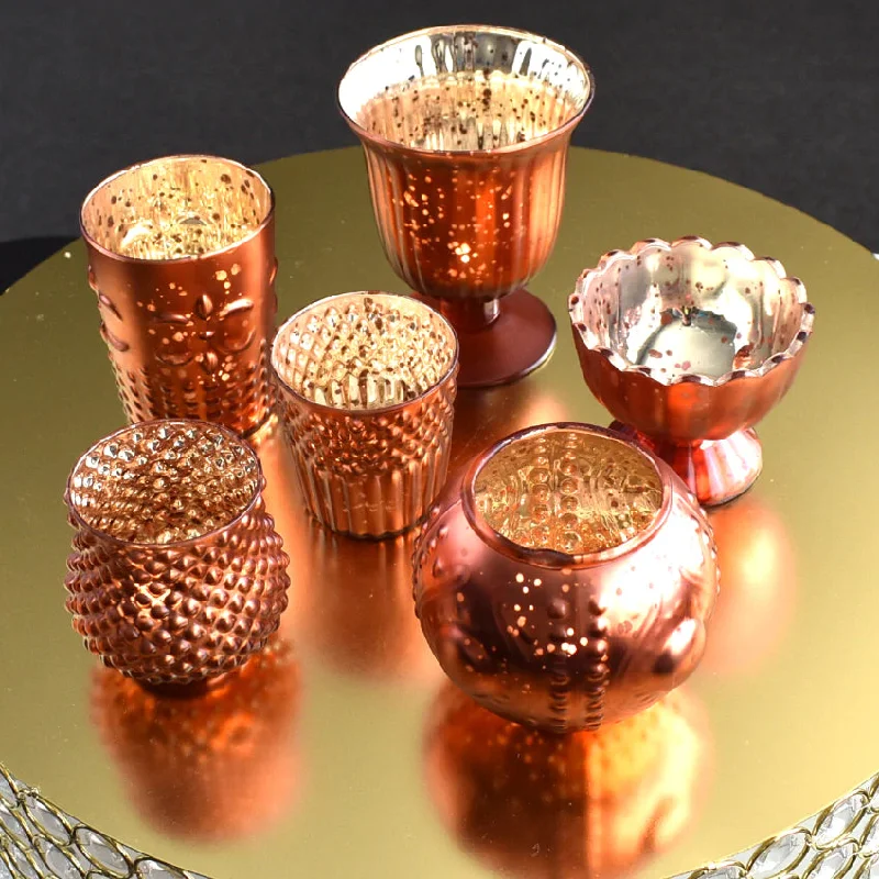 Vintage Glam Rustic Copper Red Mercury Glass Tea Light Votive Candle Holders (6 PACK, Assorted Designs and Sizes)