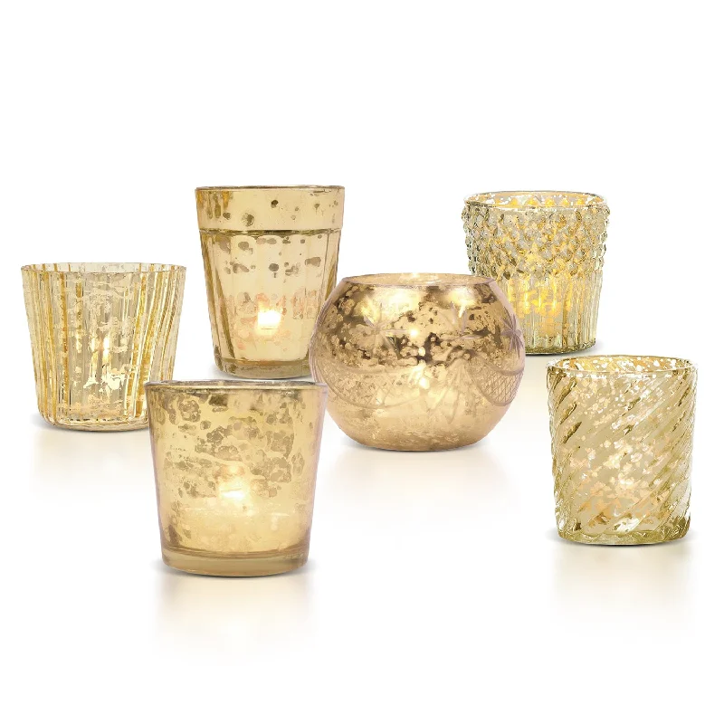 Showcase Vintage Mercury Glass Votive Tea Light Candle Holders - Gold (6 PACK, Assorted Designs)