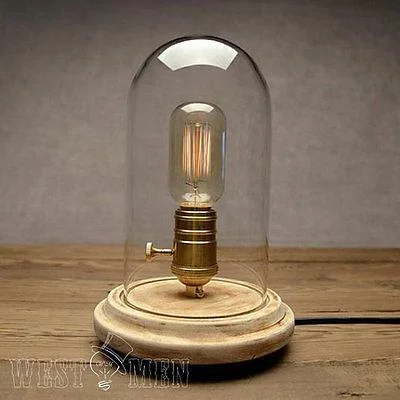 Bell Glass Jar 1 Light Wooden Base Table Lamp