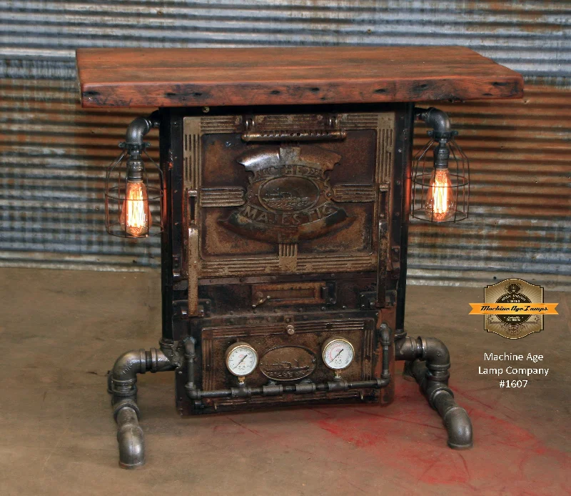 Steampunk Industrial / Stove Boiler Door Table / Console / Steam Gauge / Barn wood / #1607 sold