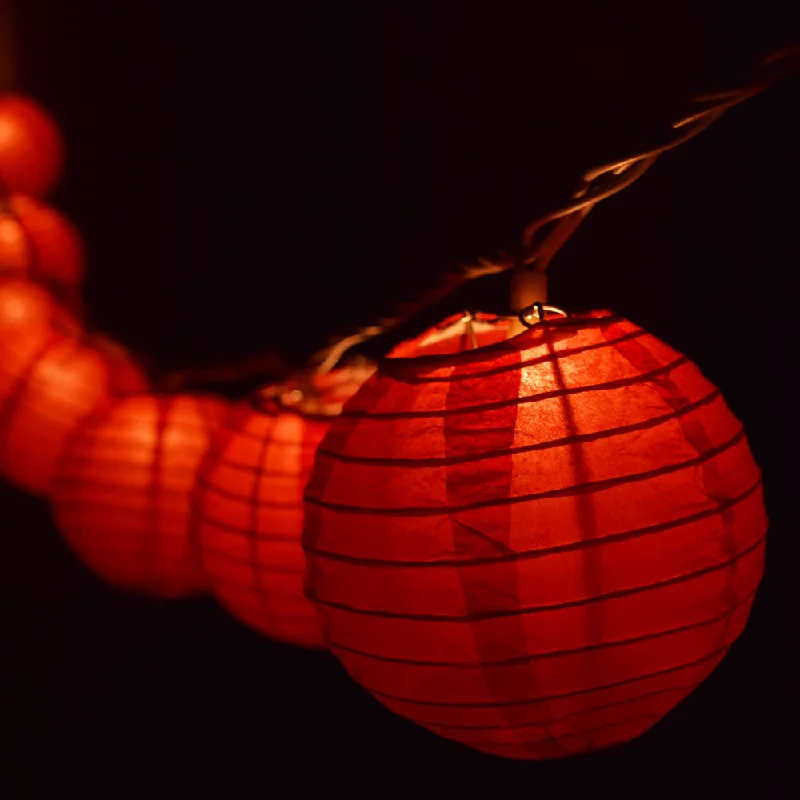 10 Socket Red Round Paper Lantern Party String Lights (4" Lanterns, Expandable)