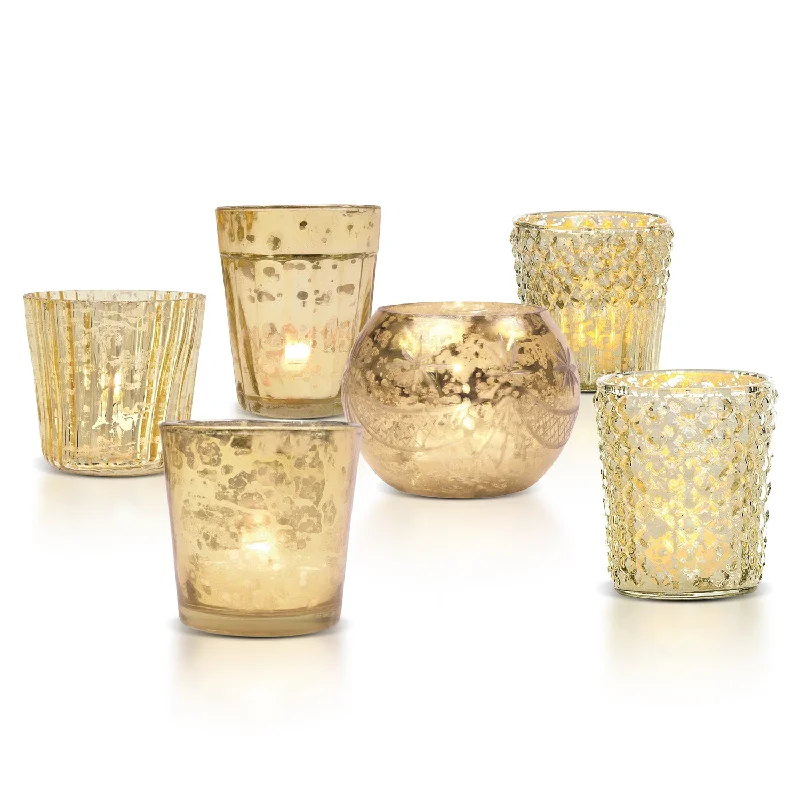 Best of Show Vintage Mercury Glass Votive Tea Light Candle Holders - Gold (6 PACK, Assorted Designs)