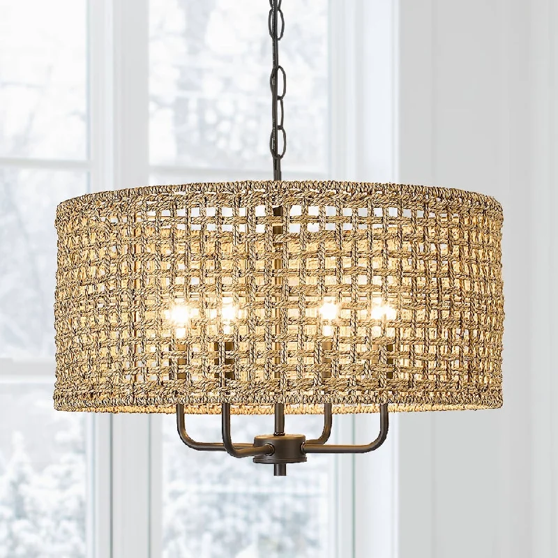 4-Light Bohemian Hand Woven Drum Chandelier - Straw - 20 in. W