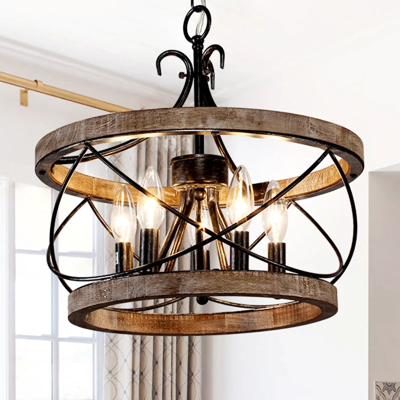 Chandeliers with Sputnik - Style Design for a Futuristic VibeOaks Aura Farmhouse 5-Light Cage Rustic Wood Chandelier, Adjustable Industrial Pendant Ceiling Light for Kitchen Dining Room