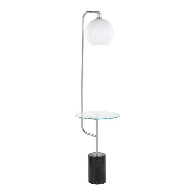 Bohemian Inspired Floor Lamp for Eclectic Home DecorSymbol Contemporary/Glam Floor Lamp with Clear Glass Side Table, Nickel Metal Accents, Black Marble Base, and White Shade by LumiSource