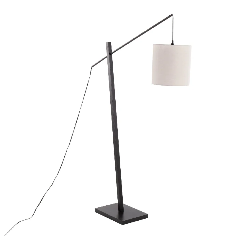 Industrial Style Floor Lamp with Exposed Bulbs for Loft ApartmentsArturo Contemporary Floor Lamp in Black Wood and Black Steel with Grey Fabric Shade by LumiSource