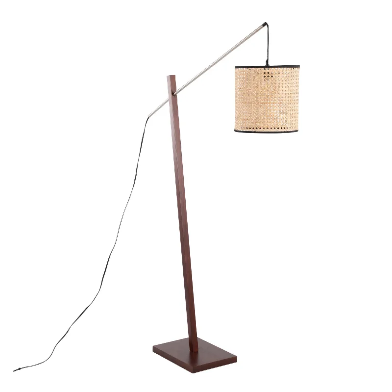 Smart Floor Lamp with Voice Control and Bluetooth ConnectivityArturo Contemporary Floor Lamp in Walnut Wood and Satin Nickel with Rattan Shade by LumiSource