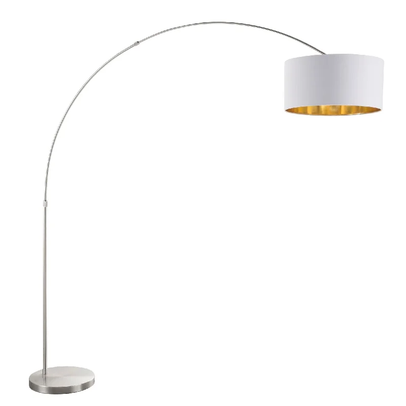 Bohemian Inspired Floor Lamp for Eclectic Home DecorSalon Contemporary Floor Lamp with Satin Nickel Base and White Shade with Gold Accent by LumiSource