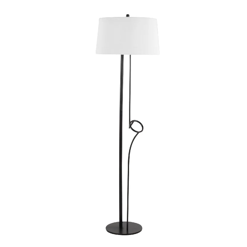 Smart Floor Lamp with Voice Control and Bluetooth ConnectivityShadow Contemporary Floor Lamp in Black Steel with White Linen Shade by LumiSource