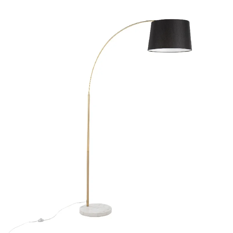 Modern Minimalist Floor Lamp for Contemporary Living RoomsMarch Contemporary Floor Lamp in White Marble and Antique Brass with Black Linen Shade Metal by LumiSource