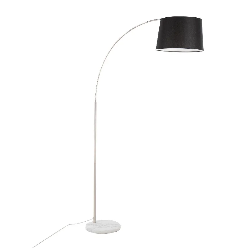 USB Charging Port Floor Lamp for Convenient Device ChargingMarch Contemporary Floor Lamp in White Marble and Nickel with Black Linen Shade by LumiSource