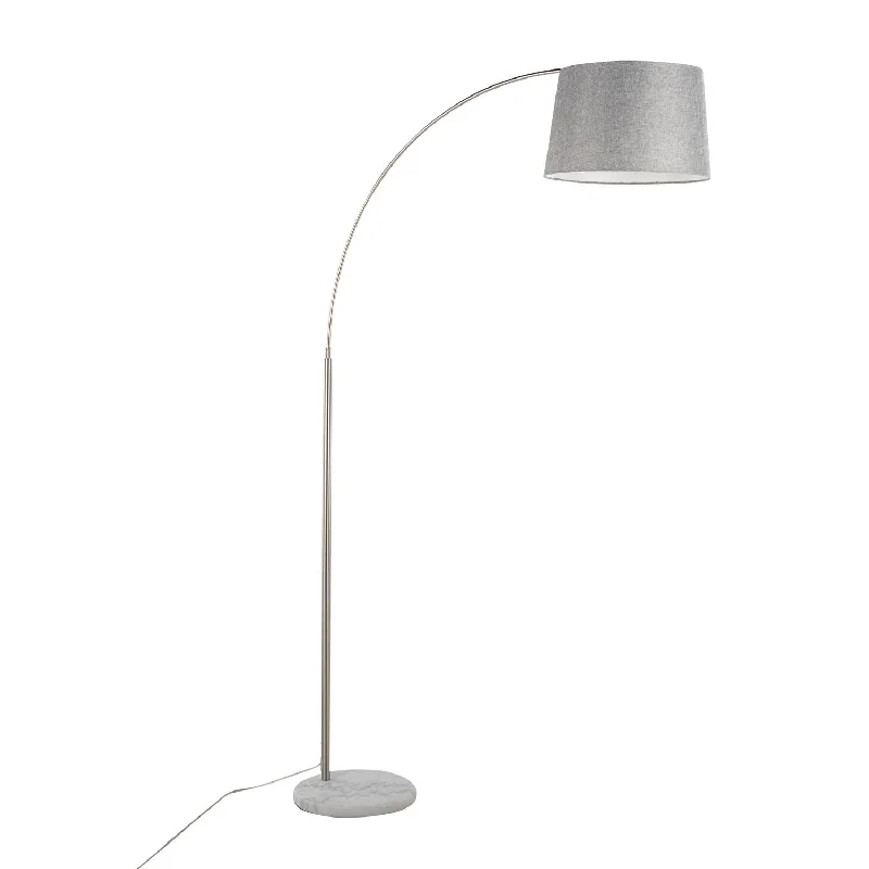 Bohemian Inspired Floor Lamp for Eclectic Home DecorMarch Contemporary Floor Lamp in White Marble and Nickel with Grey Linen Shade by LumiSource