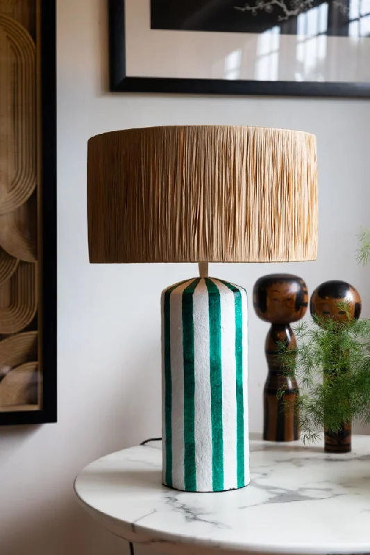 bohemian table lamps with colorful patterns for eclectic bedroomsDeep Green & Off White Stripe Paper Mache Table Lamp