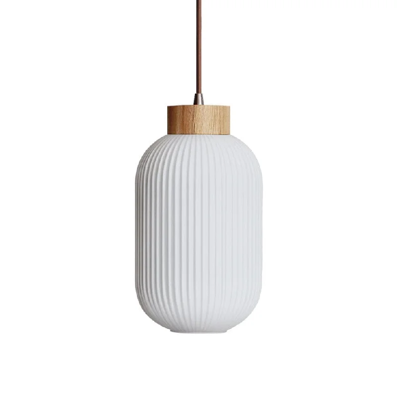 Scandinavian Style Ceiling Lights with Light Wood AccentsScandinavian Style Ceiling Lights with Light Wood AccentsRuiz Wood and Glass Vertical Pendant Light White